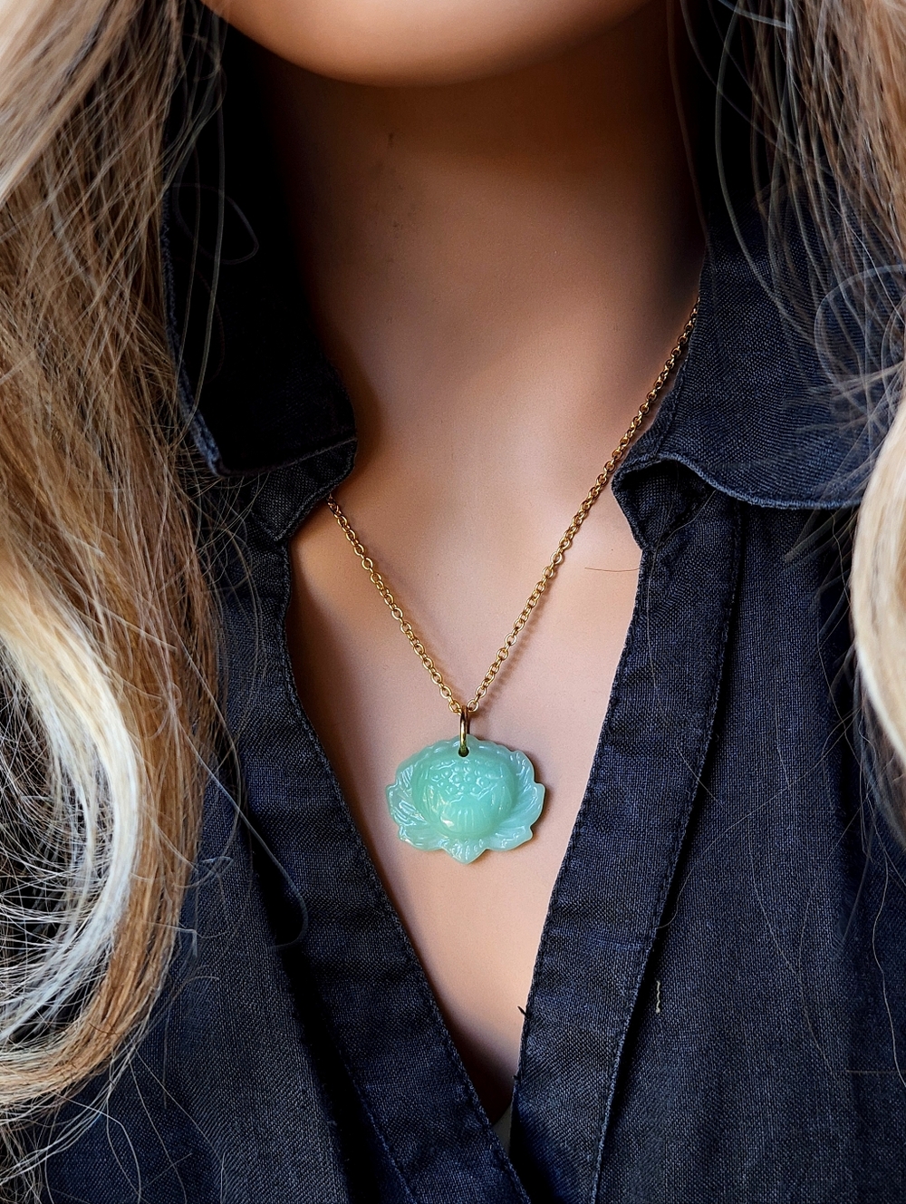 14k Gold Plated Chain Light Green Stone Lotus Designer Jewelry
